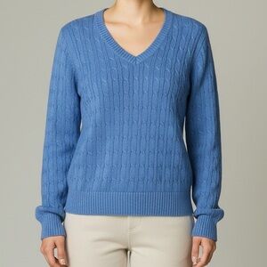 NorthCrest‎ Women’s Powder Blue Cable Knit Cotton V-Neck Sweater Sz M Cabincore